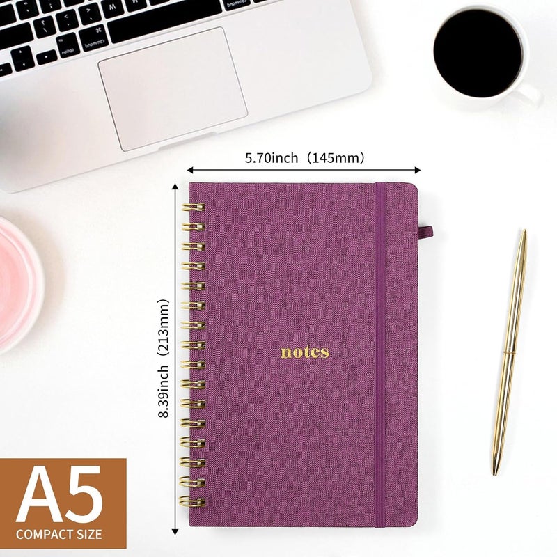TSFPapier A5 Spiral Notebook – Hardcover Journal 160 Lined Pages 100 GSM Thick Paper With Elastic Band & Pen Holder College Ruled Writing Notebooks for Work School Travel purplish-red - Image 2